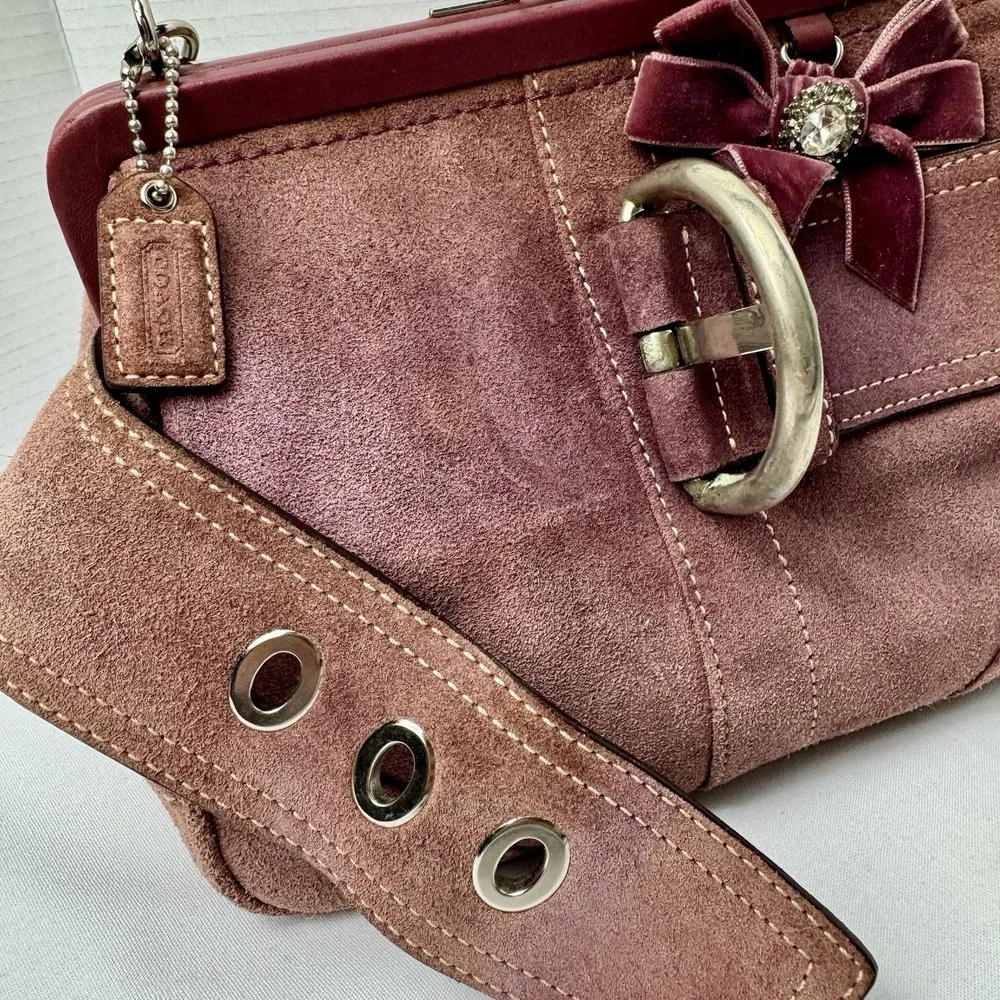 Vintage Coach 8A25 Suede Soho Mini Doctor Bag/Framed Kisslock Purse Oxblood Rare - Picture 7 of 16